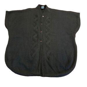 Women’s Black Poncho Cape Sweater Liliano Creations Cable Knit Detail